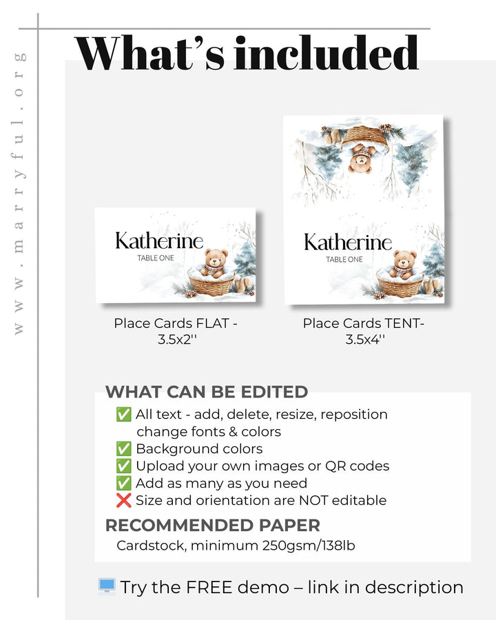 Baby It’s Cold Outside Place Cards, Winter Teddy Bear Food Labels, Flat & Tented Editable Templates #072 - TheLovebirdsDesign