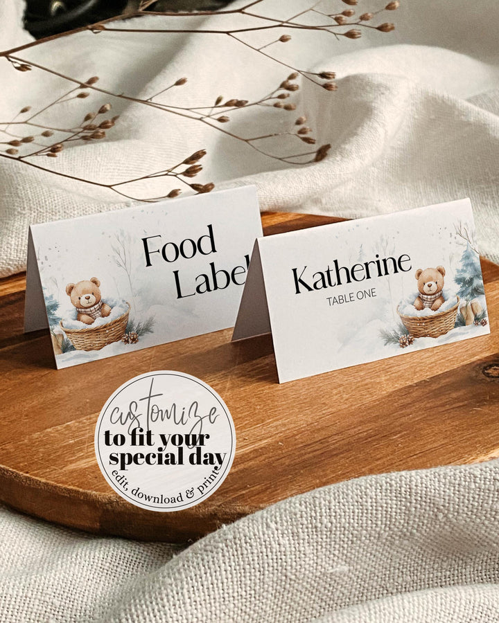 Baby It’s Cold Outside Place Cards, Winter Teddy Bear Food Labels, Flat & Tented Editable Templates #072 - TheLovebirdsDesign