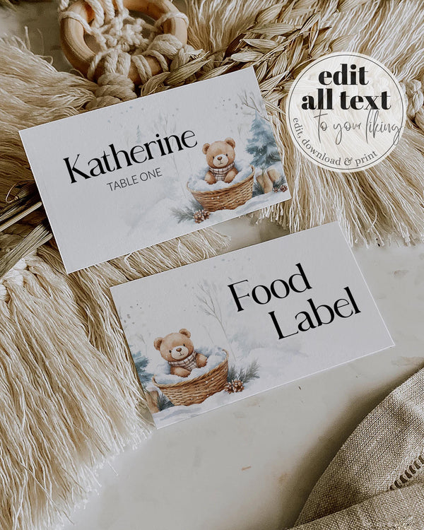 Baby It’s Cold Outside Place Cards, Winter Teddy Bear Food Labels, Flat & Tented Editable Templates #072 - TheLovebirdsDesign