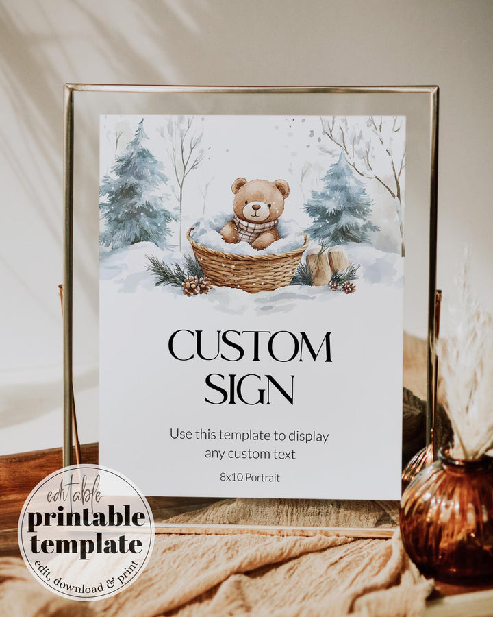 Winter Wonderland Custom Baby Shower Sign, Neutral Beige Teddy Bear Snow Theme, Editable Template #072 - TheLovebirdsDesign
