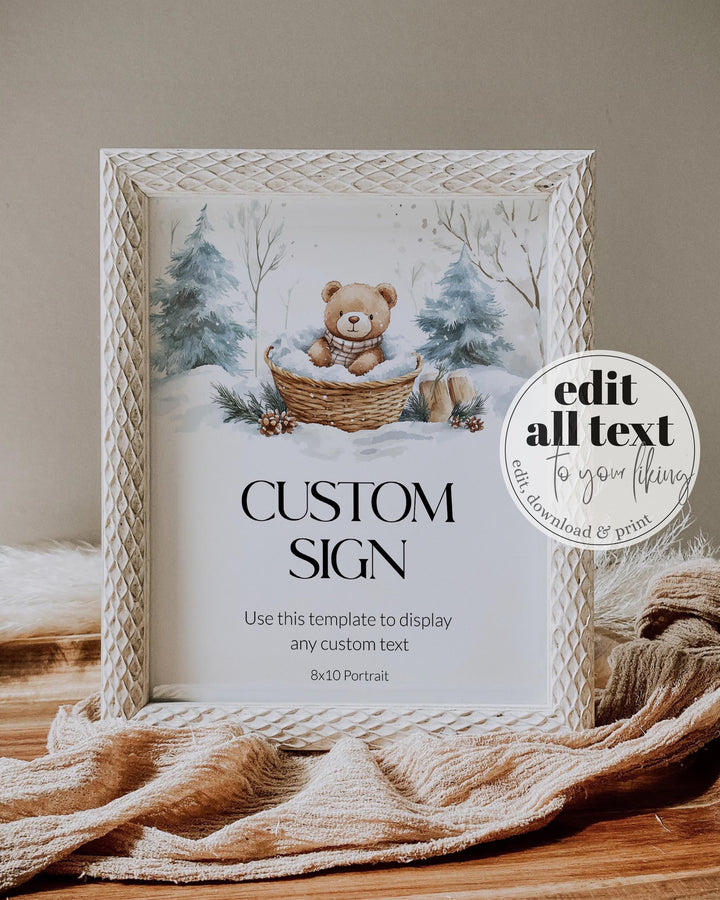 Winter Wonderland Custom Baby Shower Sign, Neutral Beige Teddy Bear Snow Theme, Editable Template #072 - TheLovebirdsDesign