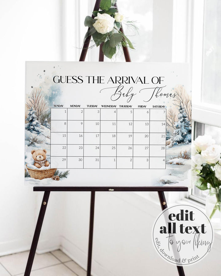Guess Baby’s Arrival Sign, Baby It’s Cold Outside Winter Baby Shower Game, Editable Teddy Bear Templatee #072 - TheLovebirdsDesign