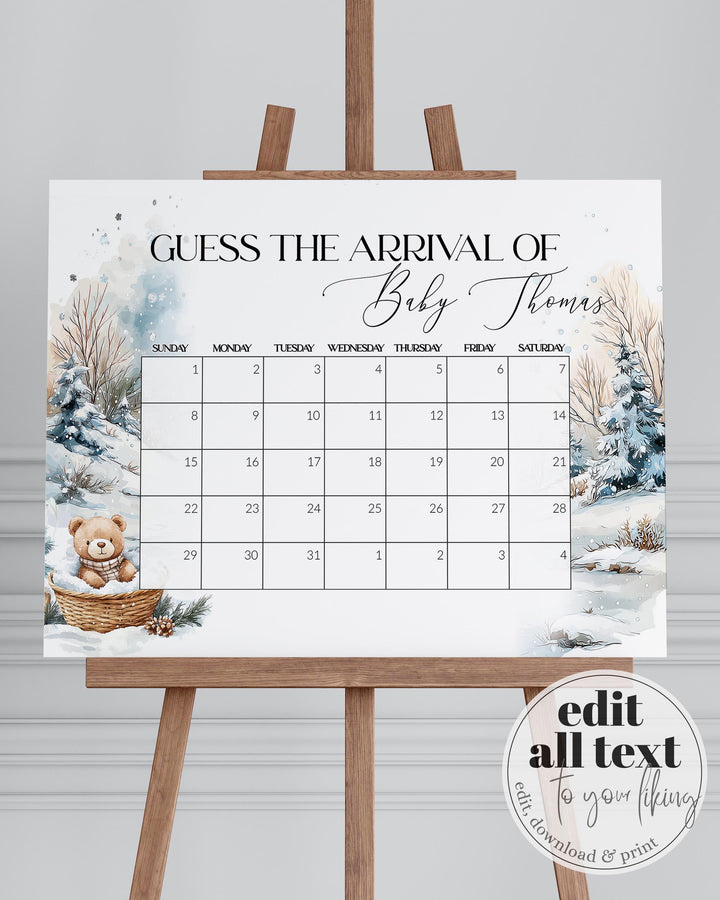 Guess Baby’s Arrival Sign, Baby It’s Cold Outside Winter Baby Shower Game, Editable Teddy Bear Templatee #072 - TheLovebirdsDesign