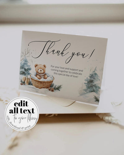 Winter Teddy Bear Baby Shower Thank You Card, Editable Flat and Folded Template 094BE-THCA