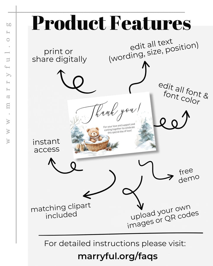 Baby It’s Cold Outside Thank You Card, Winter Teddy Bear Design, Flat & Tented Editable Template #072 - TheLovebirdsDesign