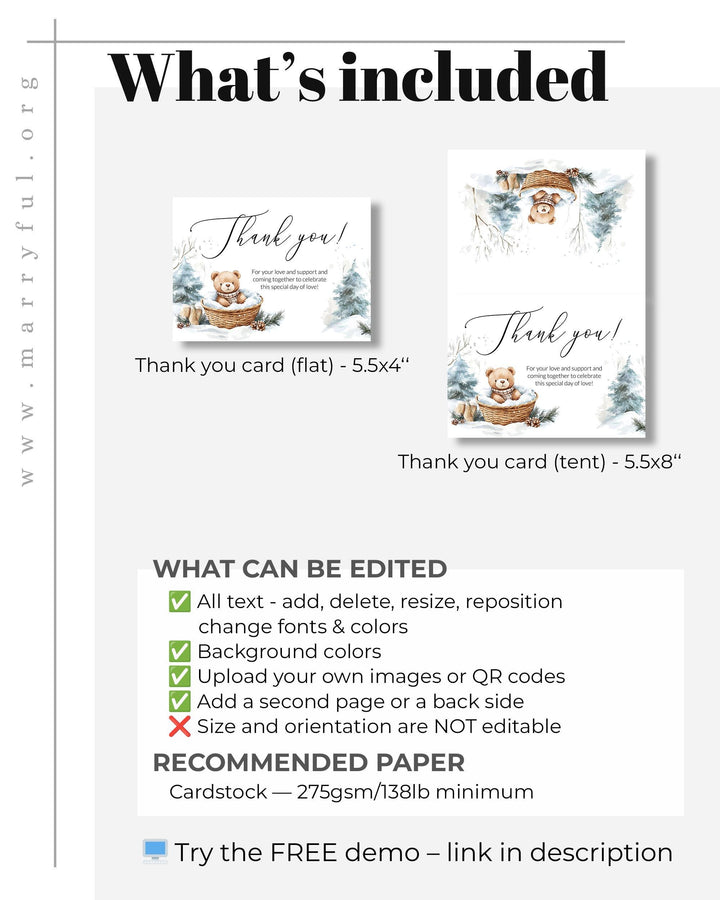 Baby It’s Cold Outside Thank You Card, Winter Teddy Bear Design, Flat & Tented Editable Template #072 - TheLovebirdsDesign