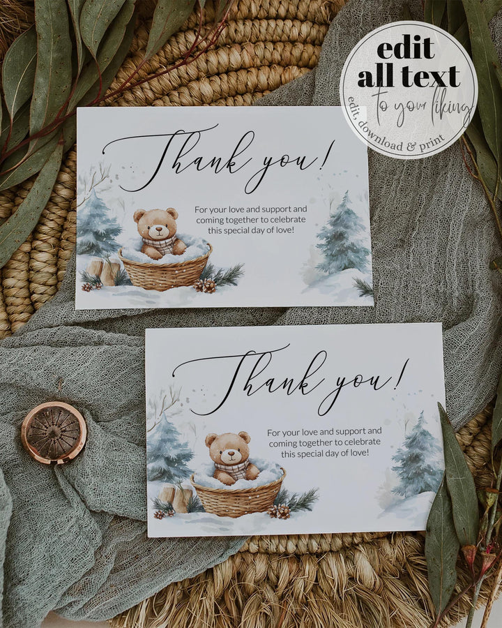Baby It’s Cold Outside Thank You Card, Winter Teddy Bear Design, Flat & Tented Editable Template #072 - TheLovebirdsDesign