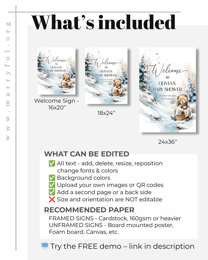 Winter Teddy Bear Welcome Sign, Neutral Snowy Baby Shower Decor, Elegant Editable Template #072 - TheLovebirdsDesign