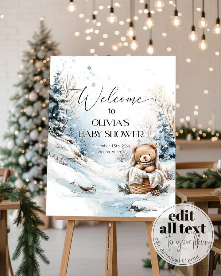Winter Teddy Bear Welcome Sign, Neutral Snowy Baby Shower Decor, Elegant Editable Template #072 - TheLovebirdsDesign