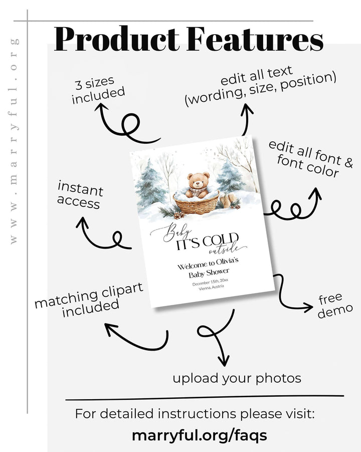 Baby It’s Cold Outside Welcome Sign, Winter Teddy Bear Baby Shower Decor, Editable Snowflake Template #072 - TheLovebirdsDesign