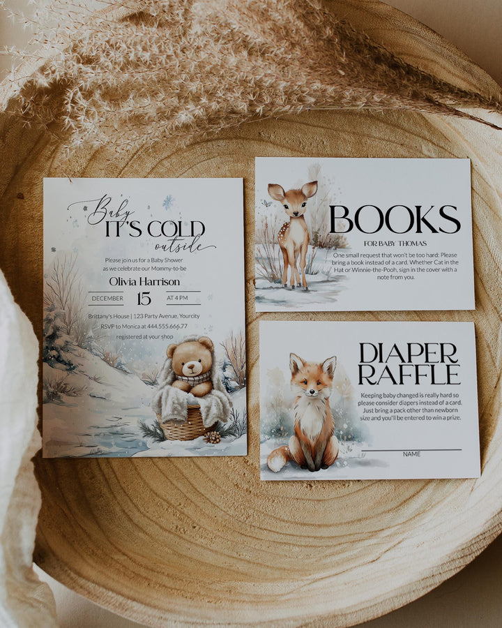 Baby It’s Cold Outside Baby Shower Invitation Set, Winter Teddy Bear Invite, Books for Baby & Diaper Raffle Card Templates #072 - TheLovebirdsDesign