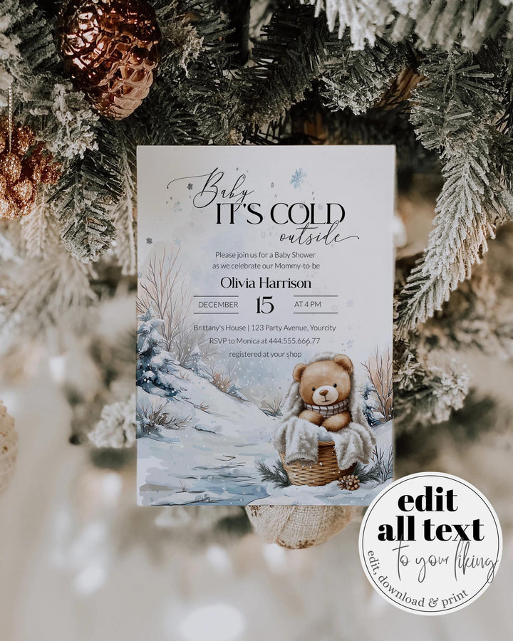 Baby It’s Cold Outside Baby Shower Invitation Set, Winter Teddy Bear Invite, Books for Baby & Diaper Raffle Card Templates #072 - TheLovebirdsDesign