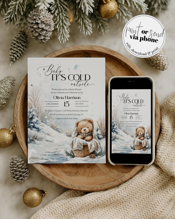Baby It’s Cold Outside Baby Shower Invitation Set, Winter Teddy Bear Invite, Books for Baby & Diaper Raffle Card Templates #072 - TheLovebirdsDesign