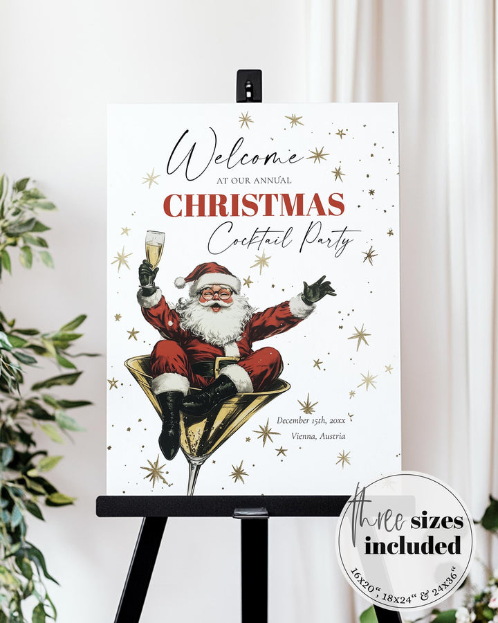Retro Santa Cocktail Party Welcome Sign Template, Vintage Christmas Holiday Bar Sign Printable #072 - TheLovebirdsDesign