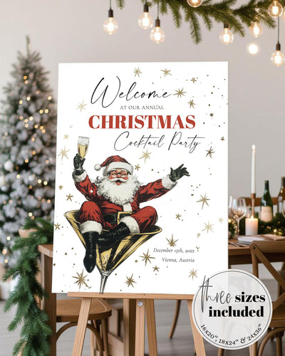 Retro Santa Cocktail Party Welcome Sign Template, Vintage Christmas Holiday Bar Sign Printable #072 - TheLovebirdsDesign