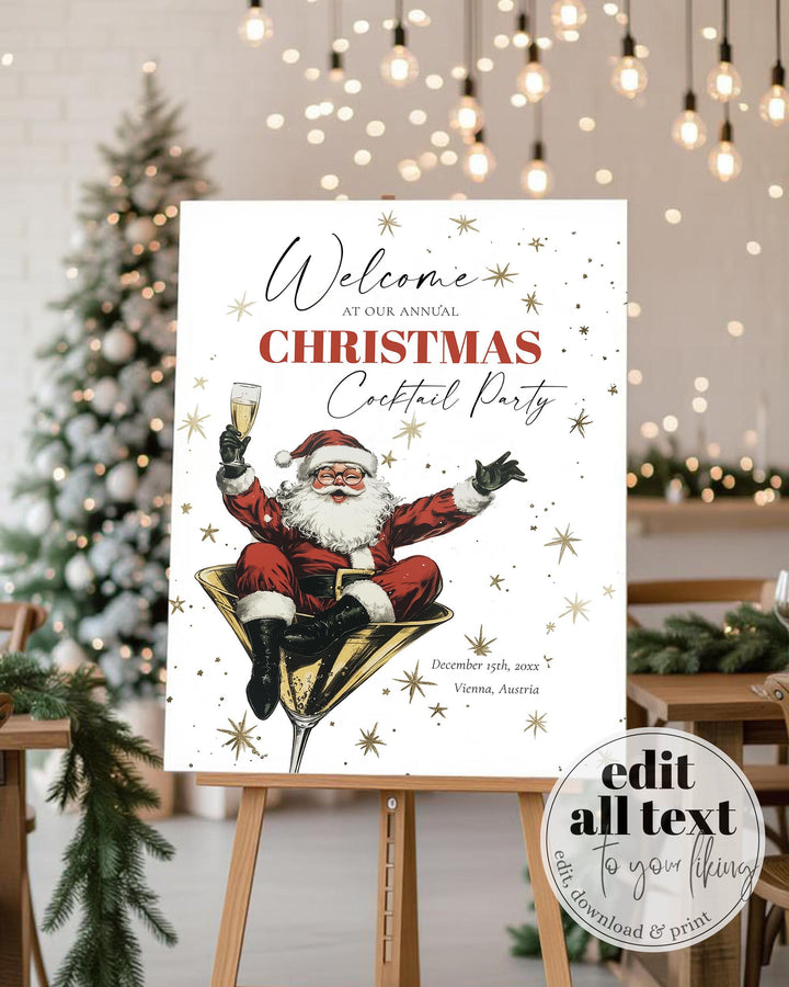 Retro Santa Cocktail Party Welcome Sign Template, Vintage Christmas Holiday Bar Sign Printable #072 - TheLovebirdsDesign