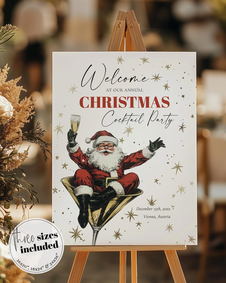 Retro Santa Cocktail Party Welcome Sign Template, Vintage Christmas Holiday Bar Sign Printable #072 - TheLovebirdsDesign