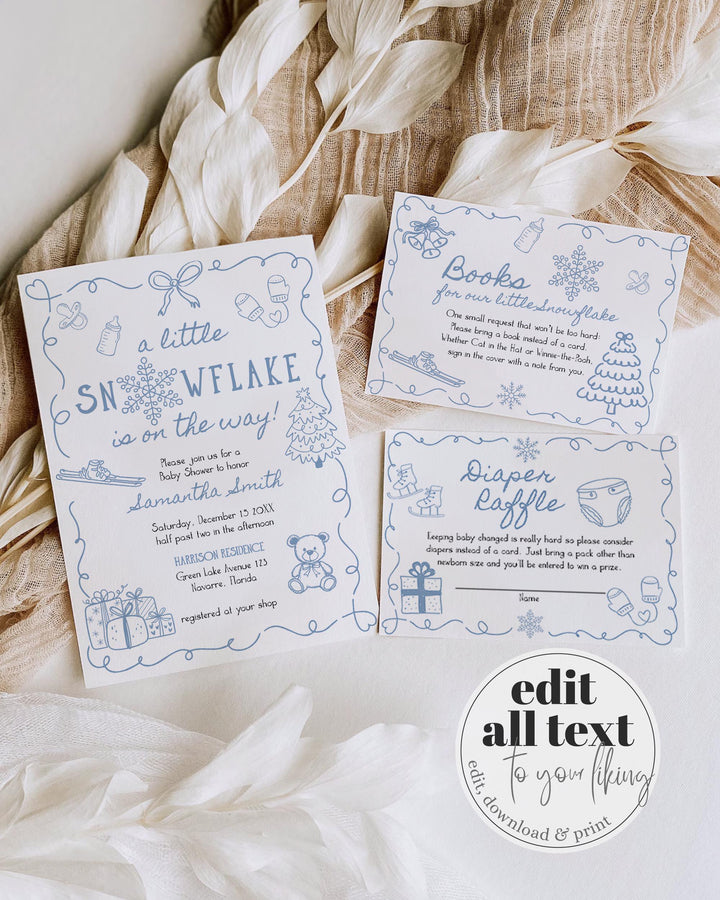 Blue Winter Baby Shower Invitation Suite Snowflake Baby Boy Invite Editable Template #070 - TheLovebirdsDesign