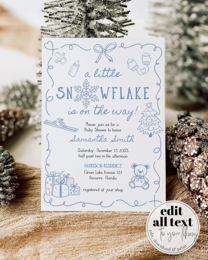 Blue Winter Baby Shower Invitation Suite Snowflake Baby Boy Invite Editable Template #070 - TheLovebirdsDesign