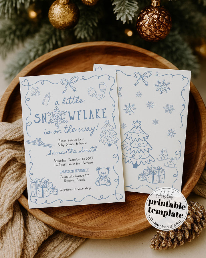 Blue Winter Baby Shower Invitation Suite Snowflake Baby Boy Invite Editable Template #070 - TheLovebirdsDesign