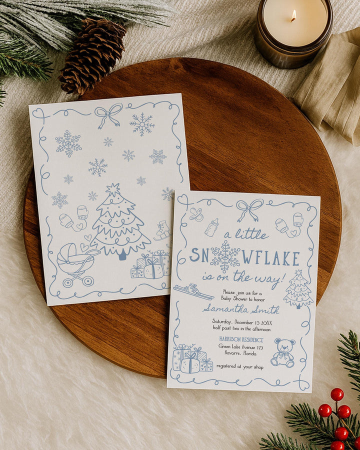 Blue Winter Baby Shower Invitation Suite Snowflake Baby Boy Invite Editable Template #070 - TheLovebirdsDesign