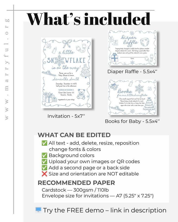 Blue Winter Baby Shower Invitation Suite Snowflake Baby Boy Invite Editable Template #070 - TheLovebirdsDesign