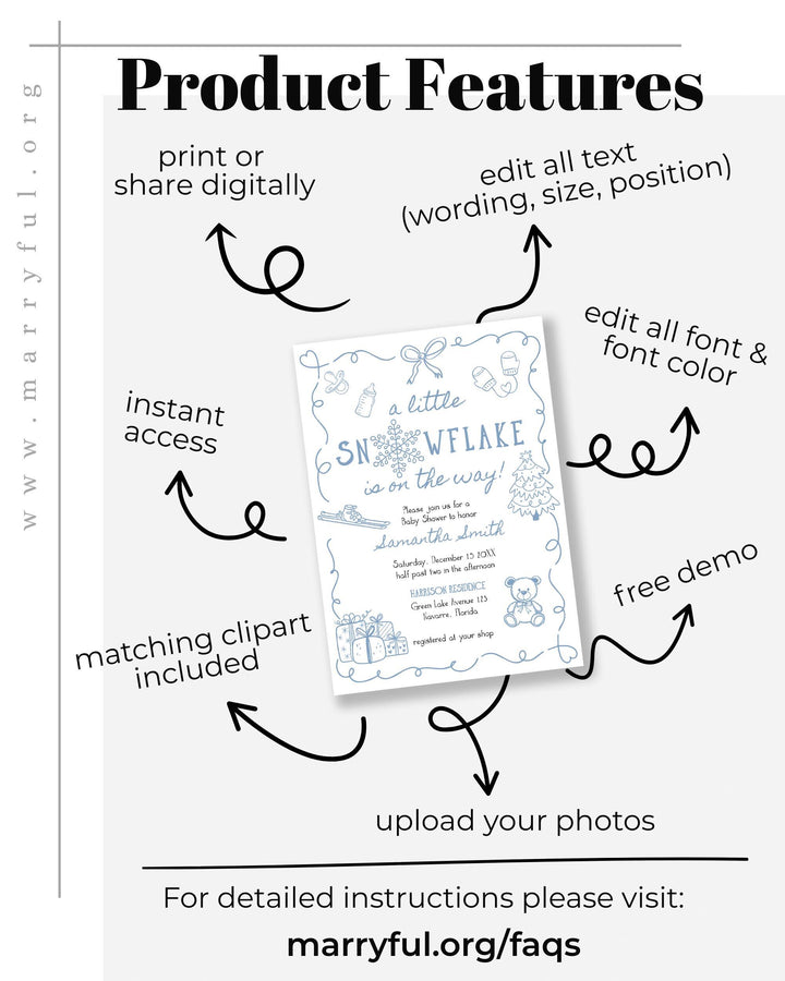 Blue Winter Baby Shower Invitation Suite Snowflake Baby Boy Invite Editable Template #070 - TheLovebirdsDesign