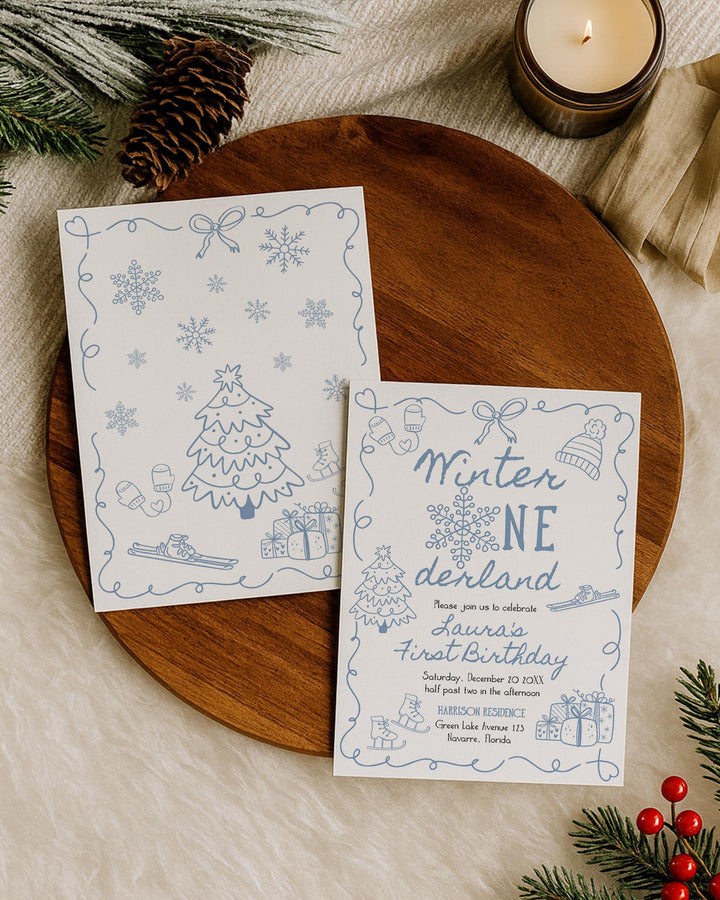 Blue Winter Onederland First Birthday Invitation Snowflake Baby Boy Template #070 - TheLovebirdsDesign
