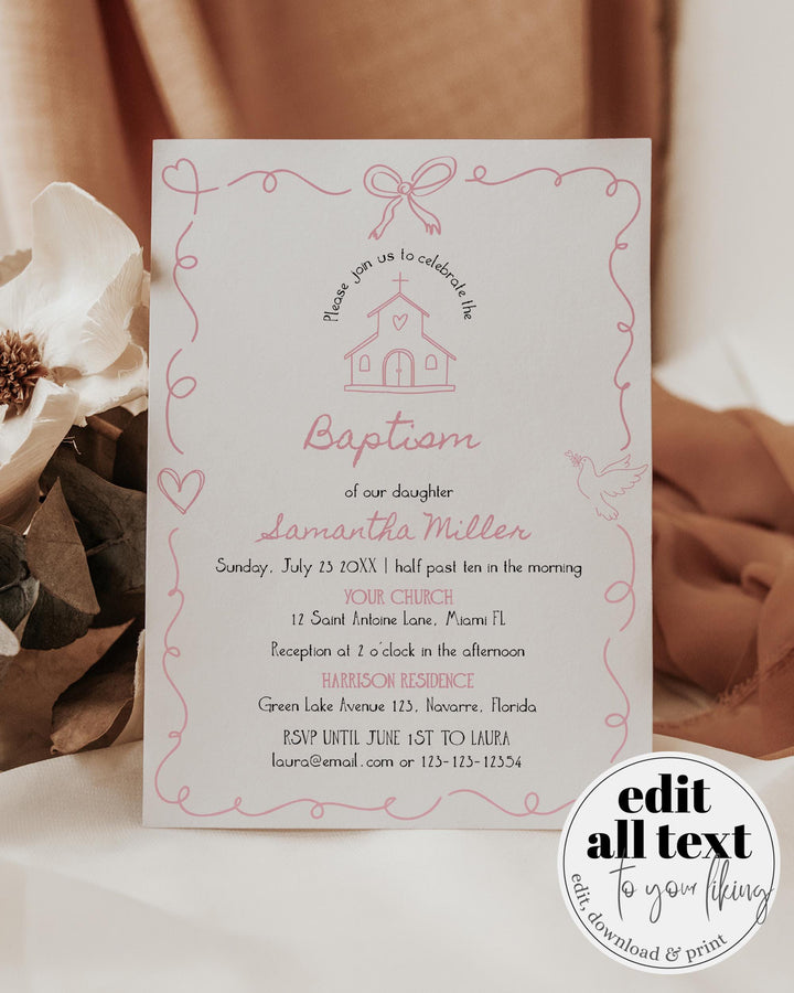 Pink Baptism Invitation Baby Girl Christening Editable Template Doodle Frame #070 - TheLovebirdsDesign