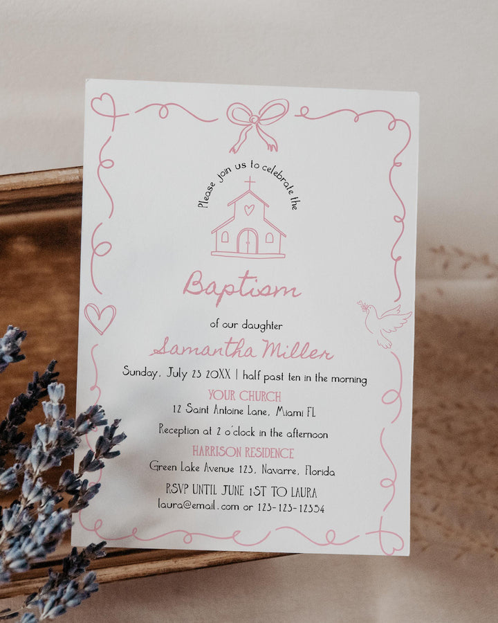 Pink Baptism Invitation Baby Girl Christening Editable Template Doodle Frame #070 - TheLovebirdsDesign