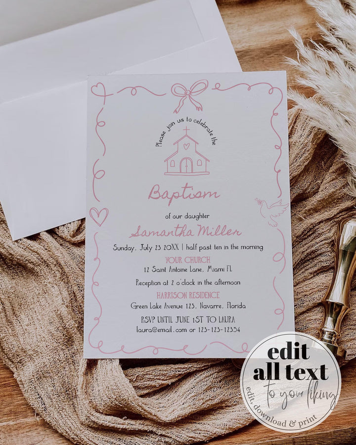 Pink Baptism Invitation Baby Girl Christening Editable Template Doodle Frame #070 - TheLovebirdsDesign