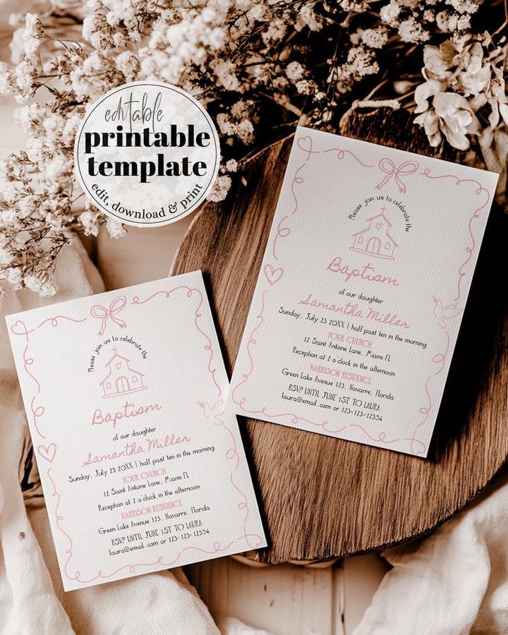 Pink Baptism Invitation Baby Girl Christening Editable Template Doodle Frame #070 - TheLovebirdsDesign