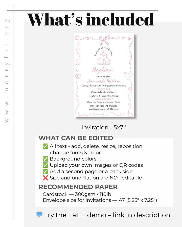 Pink Baptism Invitation Baby Girl Christening Editable Template Doodle Frame #070 - TheLovebirdsDesign