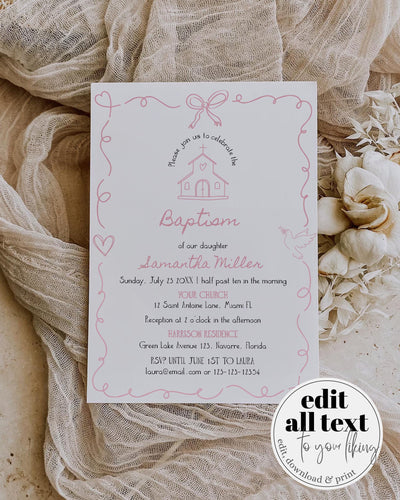 Pink Baptism Invitation Baby Girl Christening Editable Template Doodle Frame #070 - TheLovebirdsDesign