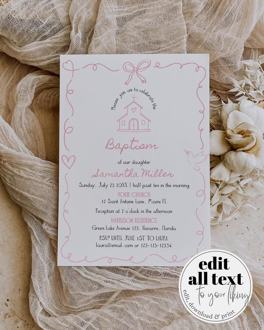 Pink Baptism Invitation Baby Girl Christening Editable Template Doodle Frame #070 - marryful.org