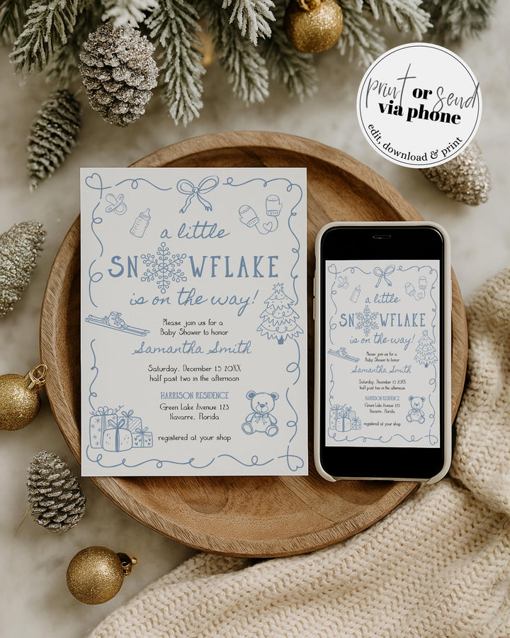 Blue Winter Baby Shower Invitation Suite Snowflake Baby Boy Invite Editable Template #070 - TheLovebirdsDesign