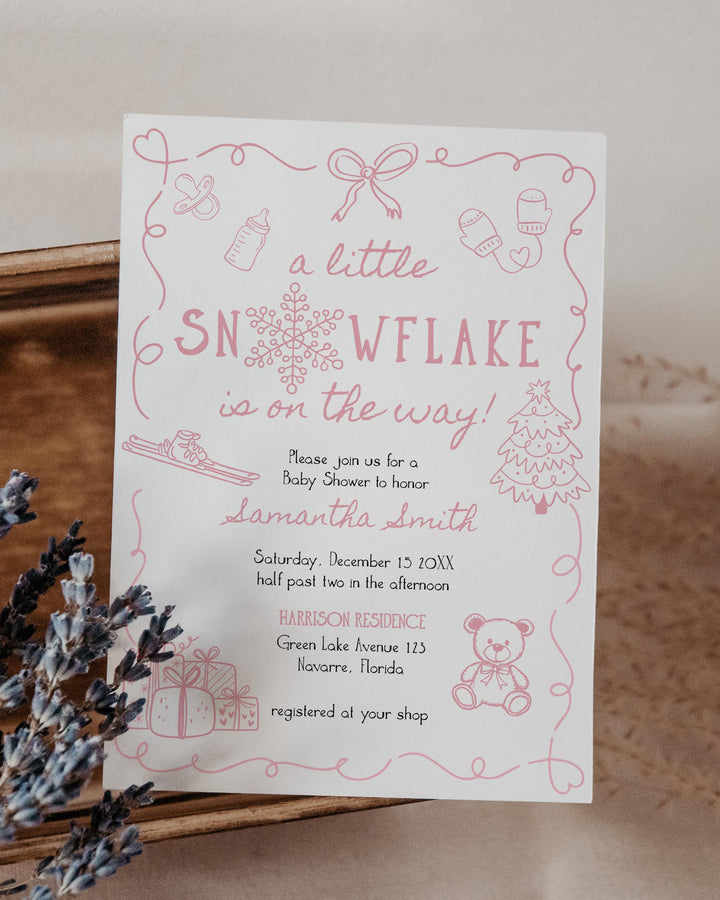 Pink Winter Baby Shower Invitation Suite Snowflake Baby Girl Invite Editable Template #070 - TheLovebirdsDesign