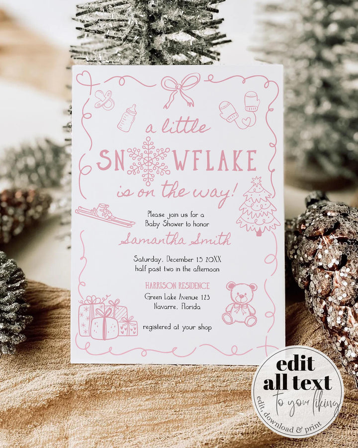 Pink Winter Baby Shower Invitation Suite Snowflake Baby Girl Invite Editable Template #070 - TheLovebirdsDesign