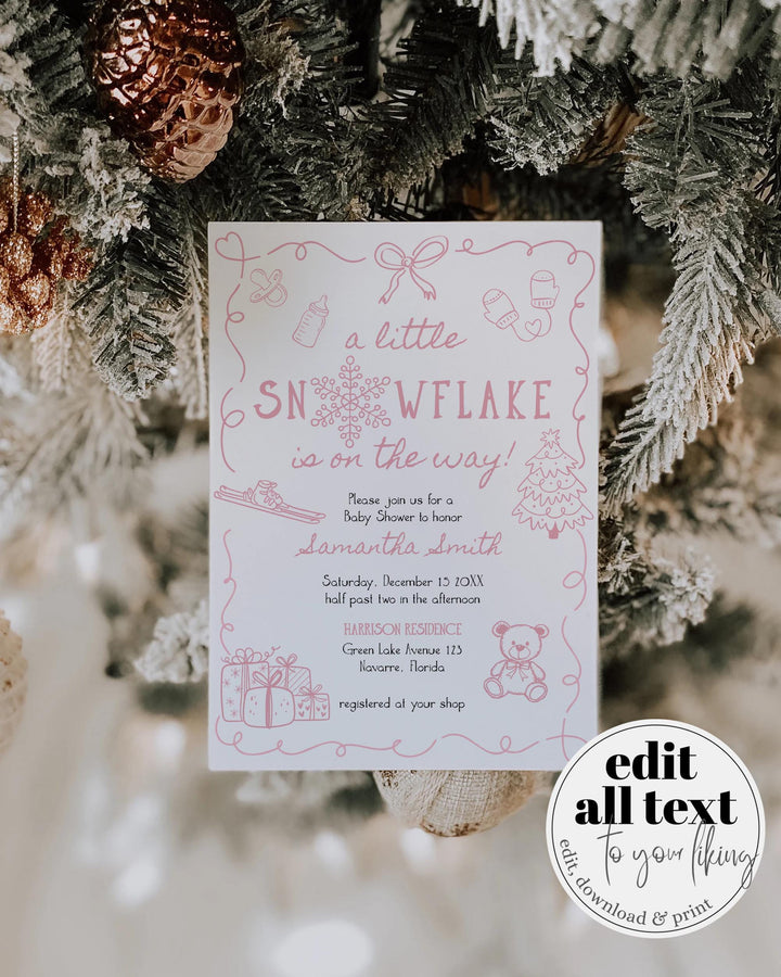 Pink Winter Baby Shower Invitation Suite Snowflake Baby Girl Invite Editable Template #070 - TheLovebirdsDesign