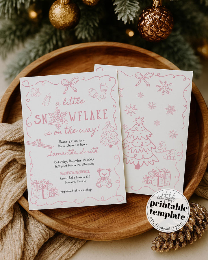Pink Winter Baby Shower Invitation Suite Snowflake Baby Girl Invite Editable Template #070 - TheLovebirdsDesign