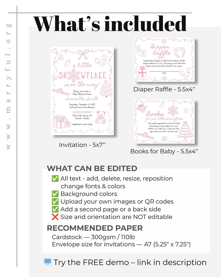 Pink Winter Baby Shower Invitation Suite Snowflake Baby Girl Invite Editable Template #070 - TheLovebirdsDesign