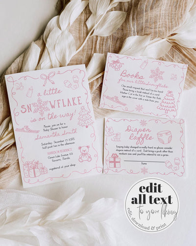 Pink Winter Baby Shower Invitation Suite Snowflake Baby Girl Invite Editable Template #070 - TheLovebirdsDesign