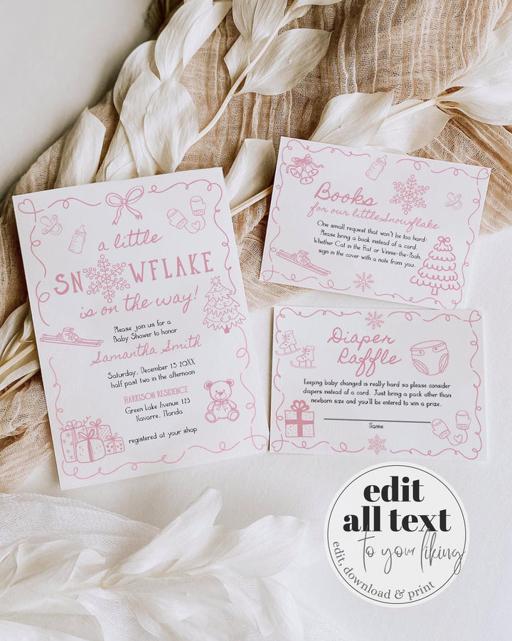 Pink Winter Baby Shower Invitation Suite Snowflake Baby Girl Invite Editable Template #070 - TheLovebirdsDesign