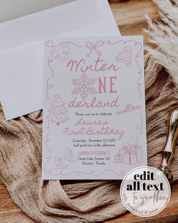 Pink Winter Onederland First Birthday Invitation Snowflake Baby Girl Template #070 - TheLovebirdsDesign
