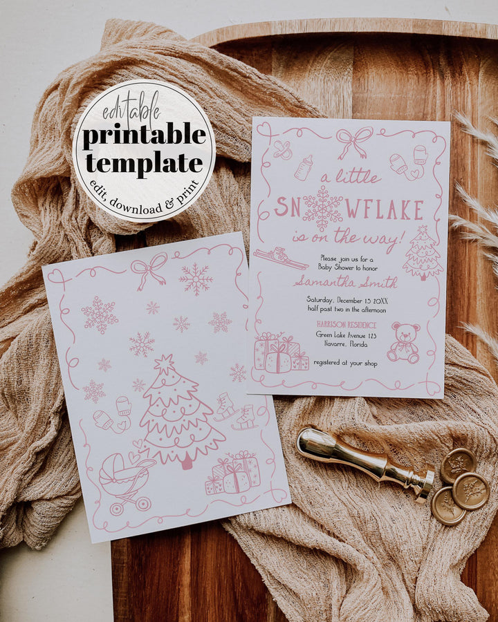 Pink Winter Baby Shower Invitation Suite Snowflake Baby Girl Invite Editable Template #070 - TheLovebirdsDesign