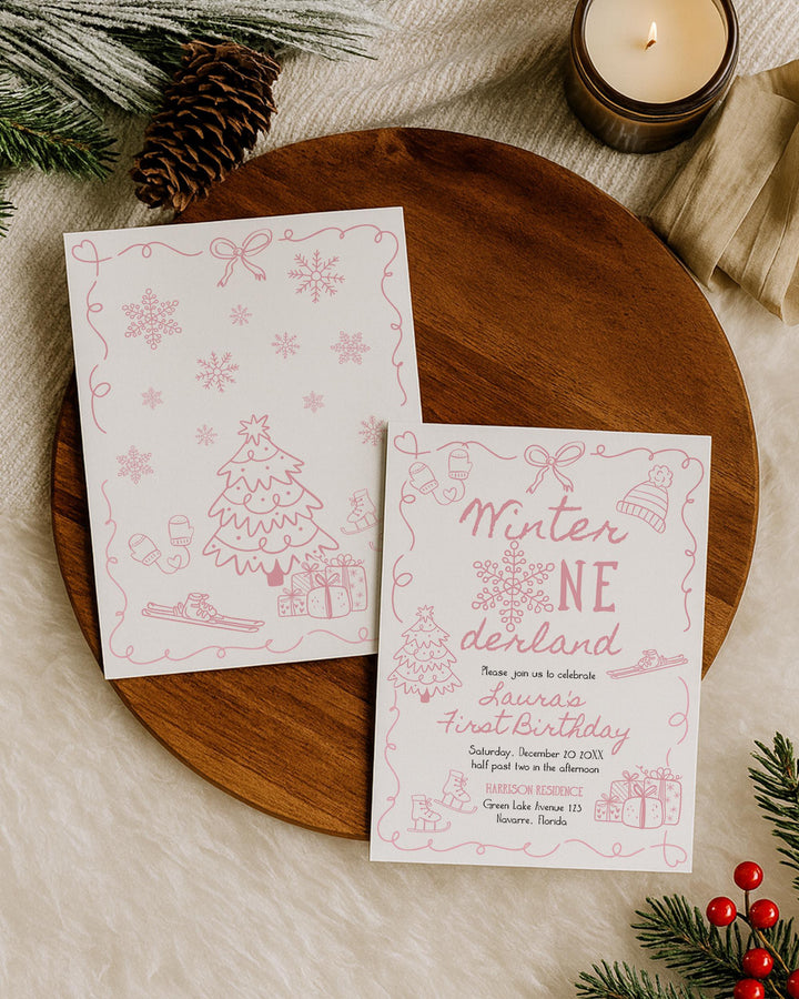 Pink Winter Onederland First Birthday Invitation Snowflake Baby Girl Template #070 - TheLovebirdsDesign