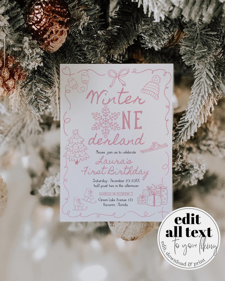 Pink Winter Onederland First Birthday Invitation Snowflake Baby Girl Template #070 - TheLovebirdsDesign