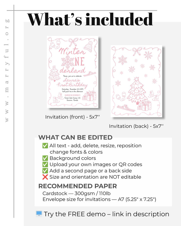Pink Winter Onederland First Birthday Invitation Snowflake Baby Girl Template #070 - TheLovebirdsDesign