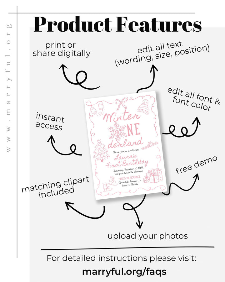 Pink Winter Onederland First Birthday Invitation Snowflake Baby Girl Template #070 - TheLovebirdsDesign