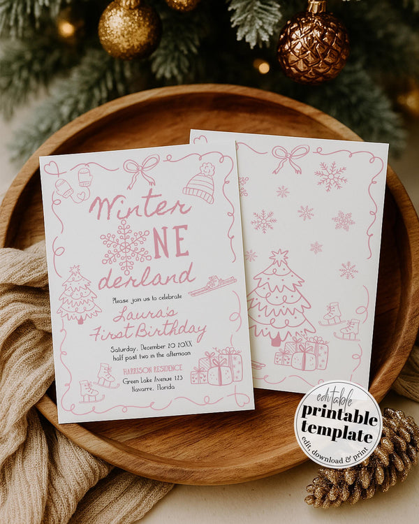 Pink Winter Onederland First Birthday Invitation Snowflake Baby Girl Template #070 - TheLovebirdsDesign